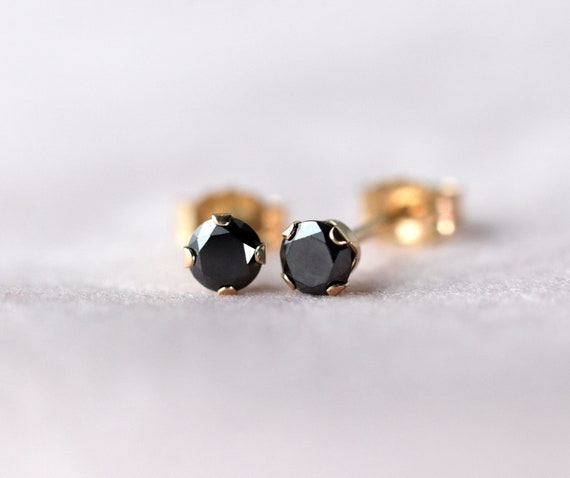 Black Diamond Stud Earrings 14k Solid Gold, Single Or Pair, April Birthstone, Genuine Black Diamond Ear Studs, Tiny Conflict-free Diamond