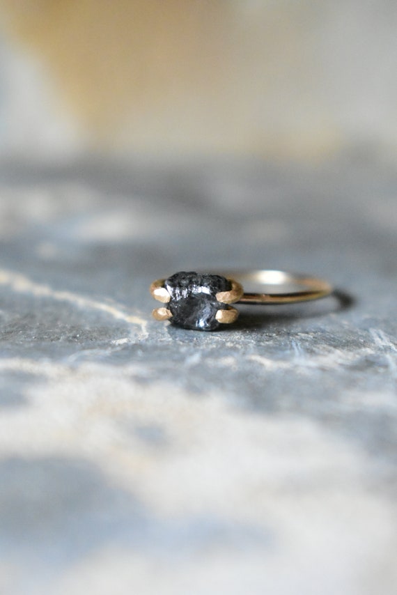 Black Diamond In 14k Yellow Gold Fill, Black And Gold Statement Ring, Unique Engagement Proposal Ring, Large Raw Diamond In Prong Setting, 6