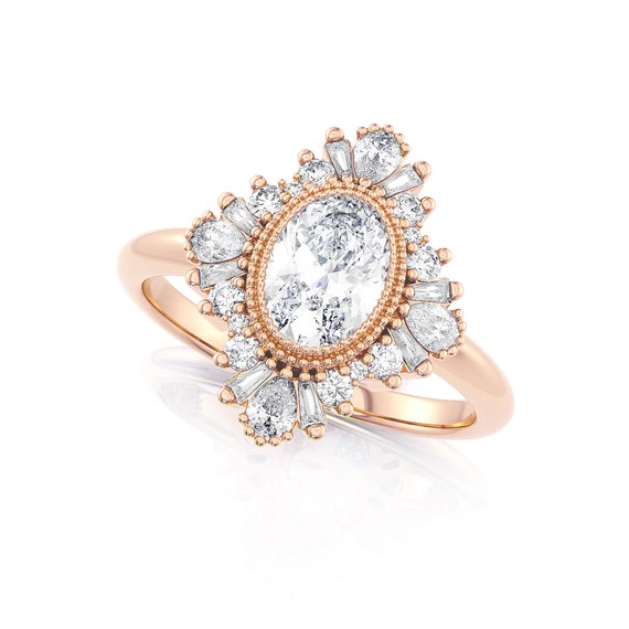 Rose Gold Ballerina Engagement Ring | Art Deco Oval Diamond Halo Ring | Yellow Gold | Low Profile Vintage Engagement Ring, Milgrain Bezel