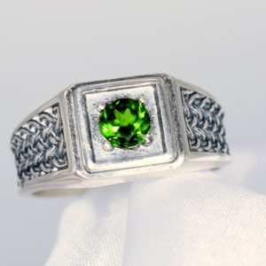 Shop Diopside Rings! Chrome Diopside Ring, Genuine 5mm Round Faceted Gemstone, Set in 925 Sterling Silver Woven Style Band | Natural genuine Diopside rings, simple unique handcrafted gemstone rings. #rings #jewelry #shopping #gift #handmade #fashion #style #affiliate #ad