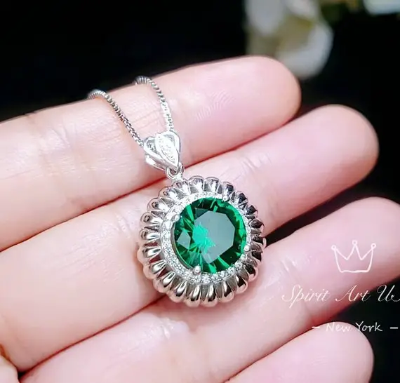Large Sun Emerald Necklace - Sterling Silver Sunflower Necklace 4 Ct Gemstone Halo Emerald Pendant - White Gold   Emerald Jewelry #491