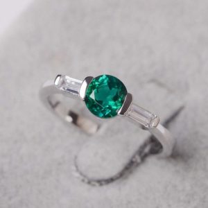 emerald ring round cut green stone rings white gold ring May birthstone ring
