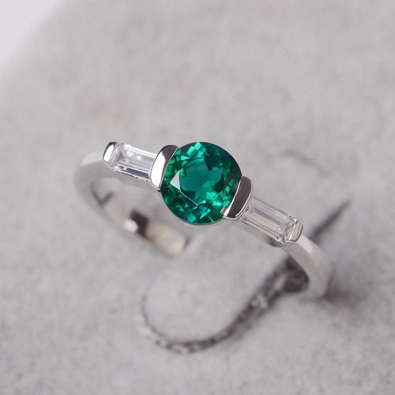 Emerald Ring Round Cut Green Stone Rings White Gold Ring May Birthstone Ring