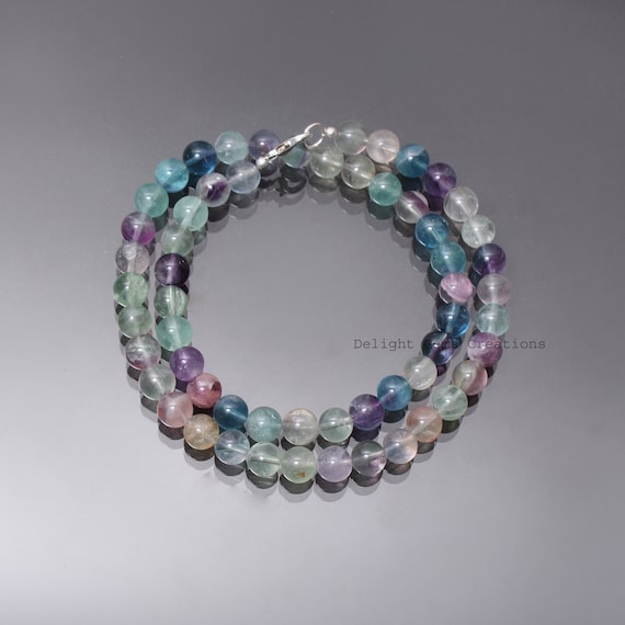 Aaa++ Grade Fluorite Beaded Necklace-8mm Smooth Round Colorful Gemstone Beads-fluorite Jewelry-women Necklace-925 Silver Lock-christmas Gift