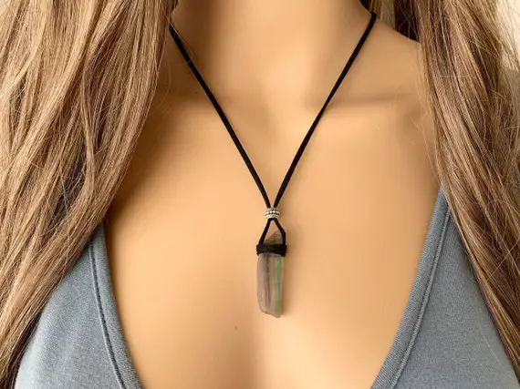 Raw Fluorite Necklace Rainbow Crystal Black Cord Necklace, Raw Stone Necklace, Vegan Leather Mens Crystal Necklace Gift, Fluorite Jewelry
