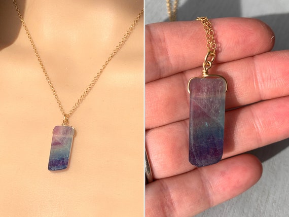 Raw Fluorite Necklace Rainbow Fluorite Crystal Necklace 14k Gold Filled Gemstone Jewelry, Gift For Her, Mothers Day Necklace, Birthday Gift