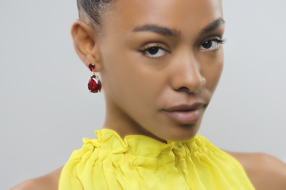 Long Garnet Earrings · Bridal Earrings · Wedding Earrings · Double Gemstone Pear Earrings · January Birthstone Earrings Garnet