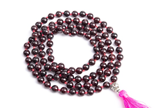 108 Pcs - 8mm Win Red Garnet Mala Beads Necklace Grade A Genuine Natural Round Gemstone With Long Tassel (106820)