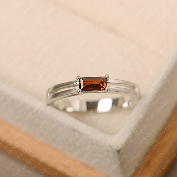 Garnet Ring, Baguette Cut, Solitaire Engagement Ring, January Birthstone Ring