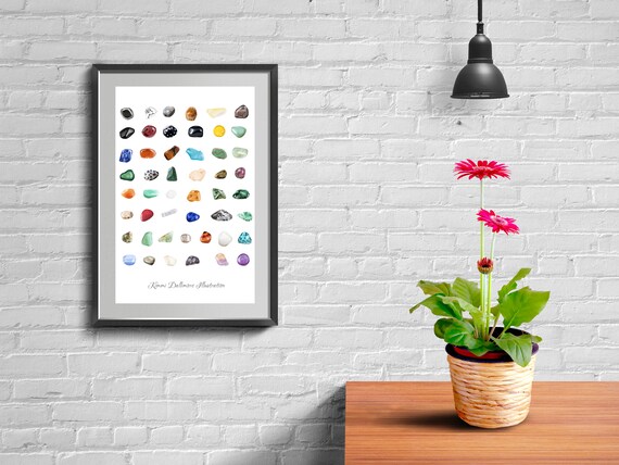 Gem Stone Paintings Art Print, Crystal Illustration Print, A3 Wall Decor,