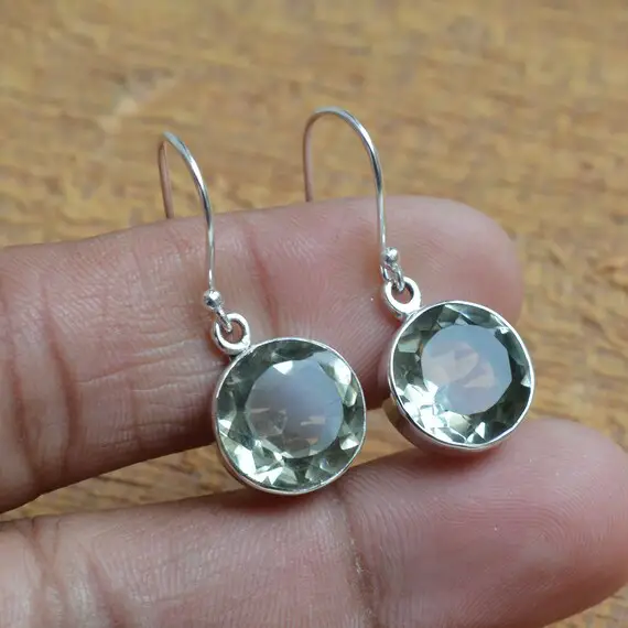 Dangle Earring, Green Amethyst Earrings, 925 Sterling Silver Earrings, Amethyst 12x12mm Round Gemstone Earrings, Women Jewelry, Gift For Her
