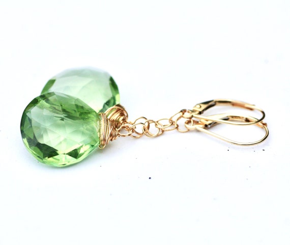Natural Green Amethyst Earrings Wire Wrapped Solid 14k Gold , February Birthstone , 6th Anniversary
