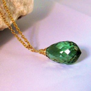 Huge Green Amethyst stone pendant gold fill Necklace, briolette solitaire. Gift February birthstone birthday | Natural genuine Green Amethyst pendants. Buy crystal jewelry, handmade handcrafted artisan jewelry for women.  Unique handmade gift ideas. #jewelry #beadedpendants #beadedjewelry #gift #shopping #handmadejewelry #fashion #style #product #pendants #affiliate #ad