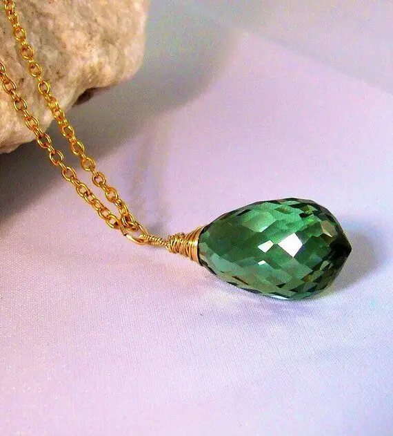 Huge Green Amethyst Stone Pendant Gold Fill Necklace, Briolette Solitaire. Gift February Birthstone Birthday