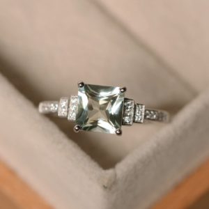 Shop Green Amethyst Jewelry! Green amethyst ring, princess cut, engagement ring, silver, green gemstone, promise ring | Natural genuine Green Amethyst jewelry. Buy handcrafted artisan wedding jewelry.  Unique handmade bridal jewelry gift ideas. #jewelry #beadedjewelry #gift #crystaljewelry #shopping #handmadejewelry #wedding #bridal #jewelry #affiliate #ad