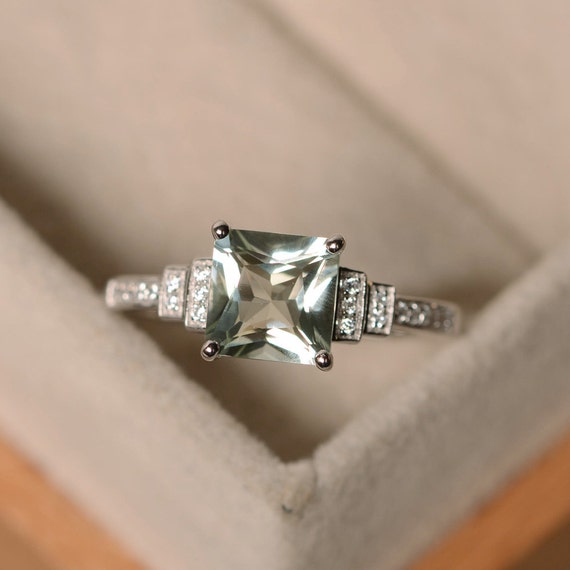 Green Amethyst Ring, Princess Cut, Engagement Ring, Silver, Green Gemstone, Promise Ring