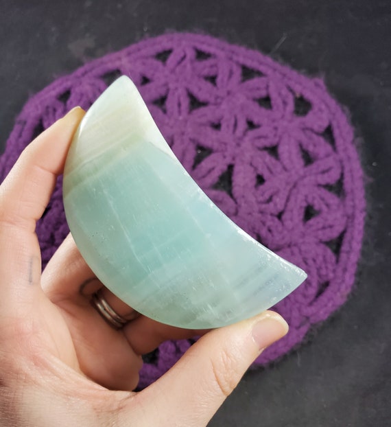 Pistachio Green Calcite Crescent Moon Carving Crystals Magick Stones New Find Starseed Polished Carved Moonchild Banded Pakistan