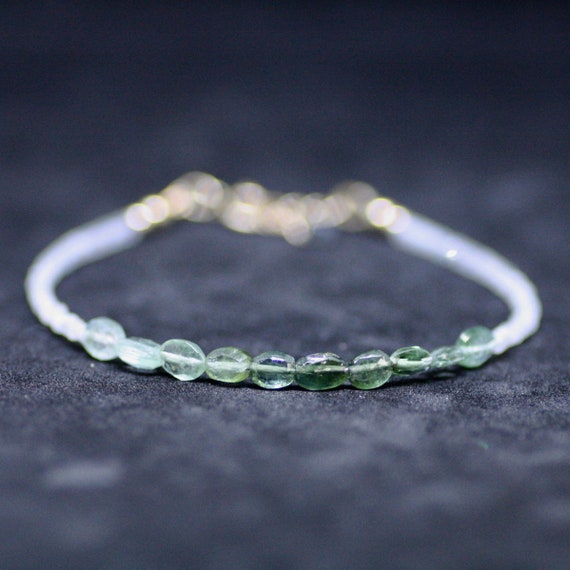 Natural Moontstone Green Tourmaline Bracelet Solid 14k Yellow Gold , October Birthstones , Clearance