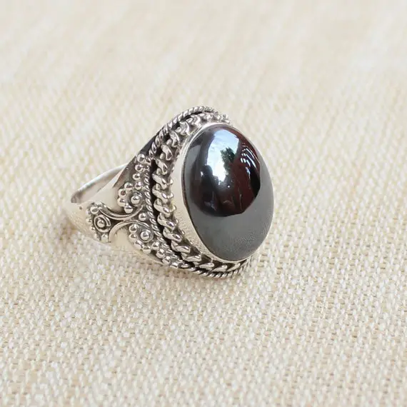 Hematite Sterling Silver Ring, Gift For Her, Iron Ore Chrome Color Gemstone, Natural Gemstone, Magnetic Gemstone, Boho Rings, Dainty Jewelry
