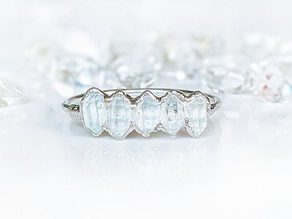 Herkimer Diamond Ring, Raw Diamond Engagement Ring, April Birthstone Ring, Silver Diamond Ring Unique Diamond Wedding Band Boho Diamond Ring