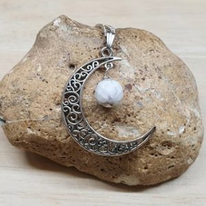 Shop Howlite Pendants! Filigree crescent moon Howlite pendant. White Crystal Reiki jewelry uk. Gemini jewelry. Silver plated Wire wrap necklace | Natural genuine Howlite pendants. Buy crystal jewelry, handmade handcrafted artisan jewelry for women.  Unique handmade gift ideas. #jewelry #beadedpendants #beadedjewelry #gift #shopping #handmadejewelry #fashion #style #product #pendants #affiliate #ad