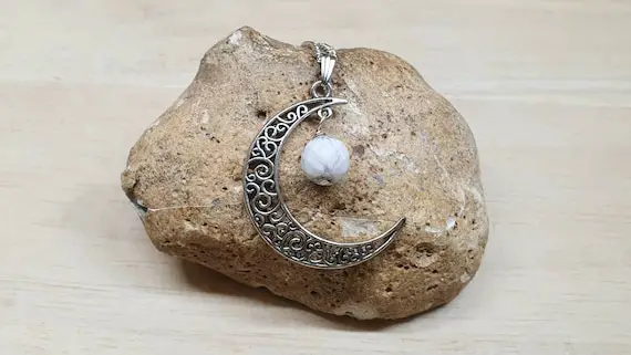Filigree Crescent Moon Howlite Pendant. White Crystal Reiki Jewelry Uk. Gemini Jewelry. Silver Plated Wire Wrap Necklace
