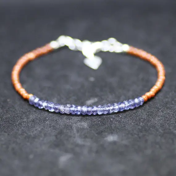 Goldstone And Natural Iolite Bracelet Sterling Silver, Healing Gem , From Canada, Layering, Stacking , Heart Charm, Beaded