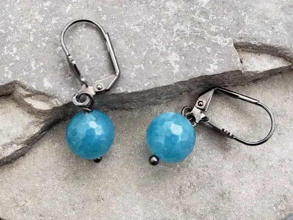 Blue Jade Earrings Natural Stones Dangle Drops Simple Everyday Classic Modern Boho Statement Gunmetal Holiday Birthday Gift For Her 6454