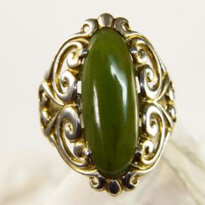 Shop Jade Rings! Jade Ring , Genuine Nephrite Gemstone Elongated 22x8mm Oval Set in 925 Sterling Silver Scrolled Ring | Natural genuine Jade rings, simple unique handcrafted gemstone rings. #rings #jewelry #shopping #gift #handmade #fashion #style #affiliate #ad