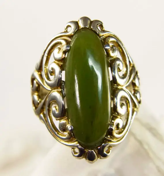 Jade Ring , Genuine Nephrite Gemstone Elongated 22x8mm Oval Set In 925 Sterling Silver Scrolled Ring