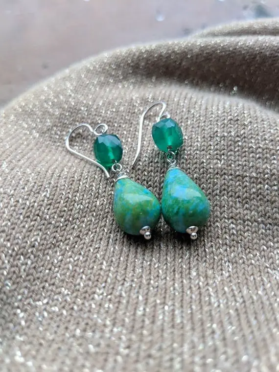 Pear Shape Blue Green Gemstone Earrings, Jasper And Emerald Green Chalcedony Briolette Gemstones, Anniversary Gift, Birthday Gifts