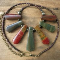 Rustic Jasper Statement Necklace, Tribal Style Red Creek Jasper Fan Necklace With Stone Spike Beads And Fall Winter Colors | Natural genuine Gemstone jewelry. Buy crystal jewelry, handmade handcrafted artisan jewelry for women.  Unique handmade gift ideas. #jewelry #beadedjewelry #beadedjewelry #gift #shopping #handmadejewelry #fashion #style #product #jewelry #affiliate #ad