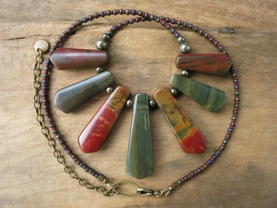 Rustic Jasper Statement Necklace, Tribal Style Red Creek Jasper Fan Necklace With Stone Spike Beads And Fall Winter Colors