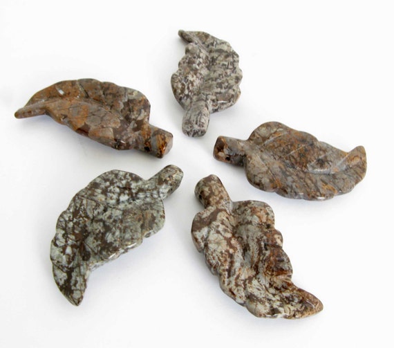 35mm Snowflake Jasper Beads, 5 Beads, Snowflake Jasper Carved Leaf Beads, Jasper Leaf Beads, Gemstone Leaf Beads, Jas232