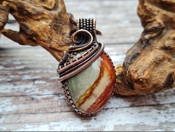 Copper And Polychrome Jasper Pendant, Wire Wrapped Pendant, Natural Jasper Jewellery, Autumnal Jewellery, Picture Stone Necklace