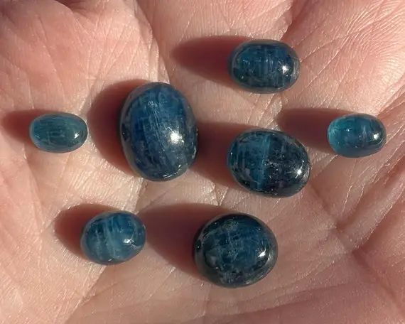 Set Of 7 Blue Kyanite Cabochons, Oval Cabochon Lot, Sheen, Ring Size, Small Pendant Cabs, Accent Stones, Gemmy Kyanite Cabs, High Quality