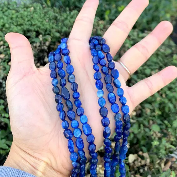1 Strand/15" Natural Blue Kyanite Healing Gemstone 6mm To 8mm Free Form Oval Tumbled Pebble Stone Beads For Necklace Bracelet Jewelry Making