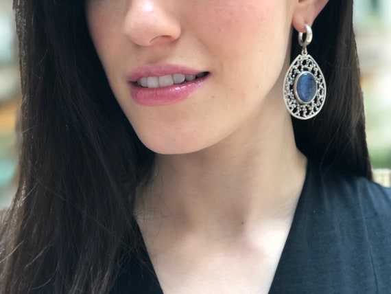 Blue Drop Earrings, Natural Kyanite, Long Vintage Earrings, Statement Earrings, Kyanite Earrings, Heavy Earrings, Solid Silver Earrings