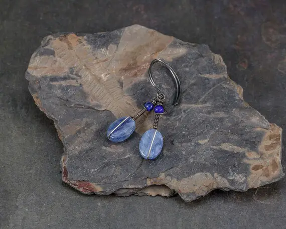 Kyanite Earrings, Coiled Wire Earrings, Blue Stone Earrings In Dark Silver, Nickel Free Earrings, Natural Stone Dangle Earrings