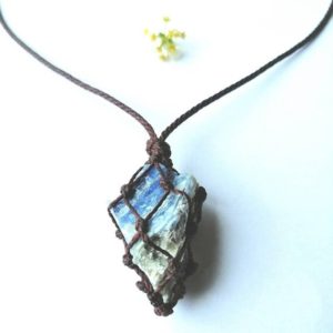 Blue Kyanite Blade and Raw Rutile Necklace  Electroformed Jewelry  Tiger Eye Hand Knotted Beaded Necklace
