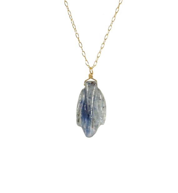 Kyanite Necklace, Blue Kyanite Leaf Pendant, Crystal Leaf, Healing Crystal Necklace, A Kyanite Leaf Wire Wrapped Onto 14k Gold Filled Chain