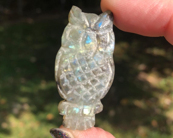 1.6" Labradorite Owl Cabochon, Owl Carving, Flashy Labradorite Cab, Crystal Owl, Crystal For Jewelry, Halloween Decor, Home Accessories #7