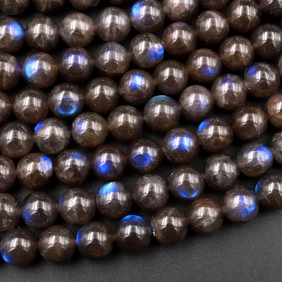 Rare Natural Chocolate Labradorite Smooth Round Beads 4mm 6mm 8mm 10mm Blue Flashes 15.5" Strand