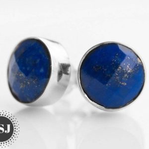 Lapis Lazuli Stud Earrings, Round Studs, Faceted Gemstone, 925 Sterling Silver, Wedding Jewelry, Sale, Pure Silver, Handmade Jewelry | Natural genuine Gemstone earrings. Buy handcrafted artisan wedding jewelry.  Unique handmade bridal jewelry gift ideas. #jewelry #beadedearrings #gift #crystaljewelry #shopping #handmadejewelry #wedding #bridal #earrings #affiliate #ad