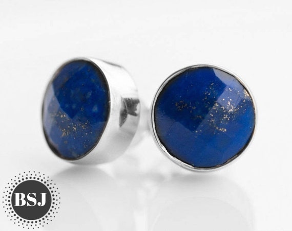 Lapis Lazuli Stud Earrings, Round Studs, Faceted Gemstone, 925 Sterling Silver, Wedding Jewelry, Sale, Pure Silver, Handmade Jewelry