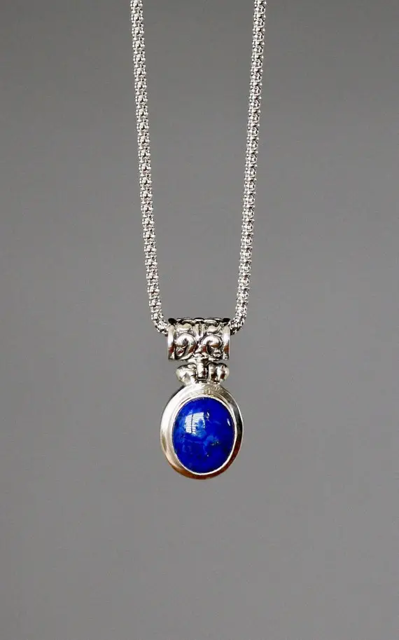 Lapis Pendant Necklace - Blue Gemstone Necklace - Bali Silver Pendant - Small Pendant And Chain - Oval Stone Pendant