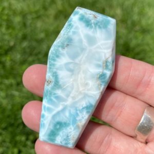 Shop Larimar Cabochons! 2.5" Larimar Coffin Cabochon, Crystal Carving, Death, Vampire Goth, Stone Carving, Bright Blue, Pendant Cab #2 | Natural genuine stones & crystals in various shapes & sizes. Buy raw cut, tumbled, or polished gemstones for making jewelry or crystal healing energy vibration raising reiki stones. #crystals #gemstones #crystalhealing #crystalsandgemstones #energyhealing #affiliate #ad