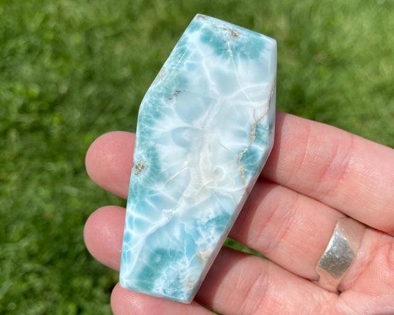 2.5" Larimar Coffin Cabochon, Crystal Carving, Death, Vampire Goth, Stone Carving, Bright Blue, Pendant Cab #2