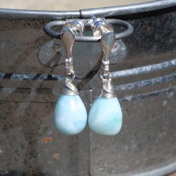 Wire Wrapped Natural Larimar Earrings Solid Sterling Silver 925 , Healing Gem