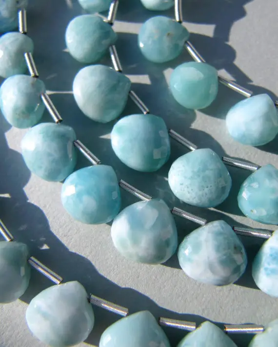 Larimar Hearts Amazing 7-8-9mm Aaa Microfaceted Focal Matching For Earrings Heart Drops Briolettes Natural Dominican Blue White